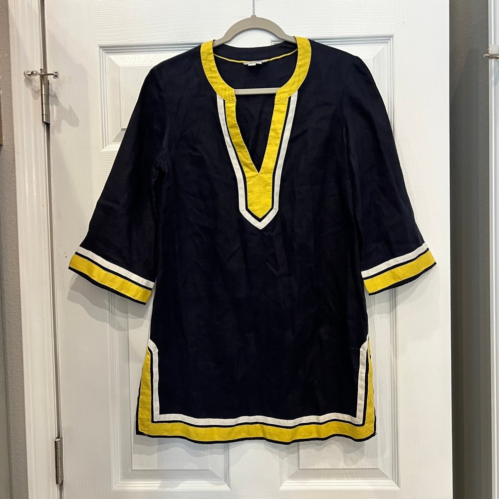 Boden Tunic Top 100% Linen Navy Yellow White Nautical Preppy Minimalist Yacht 6